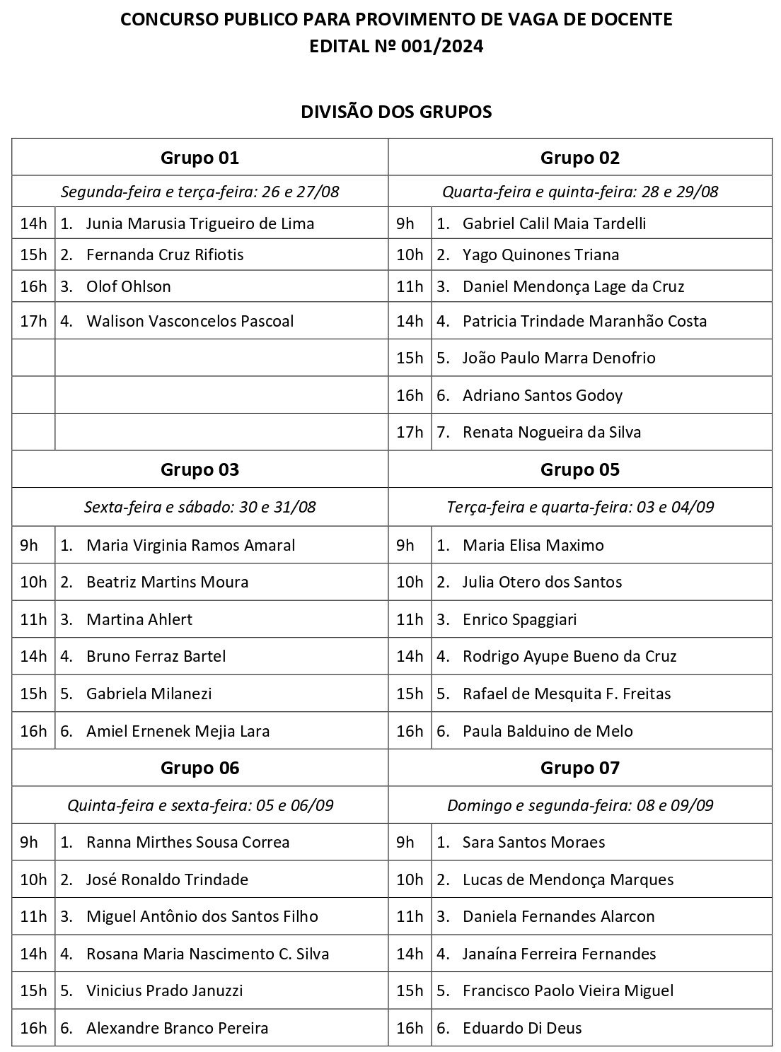 CONCURSO PUBLICO PARA PROVIMENTO DE VAGA DE DOCENTE EDITAL Nº 001/2024 - DIVISÃO DOS GRUPOS
